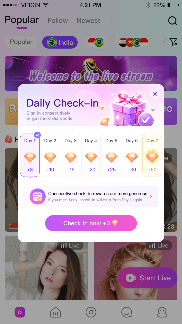 BogoLive daily check-in rewards