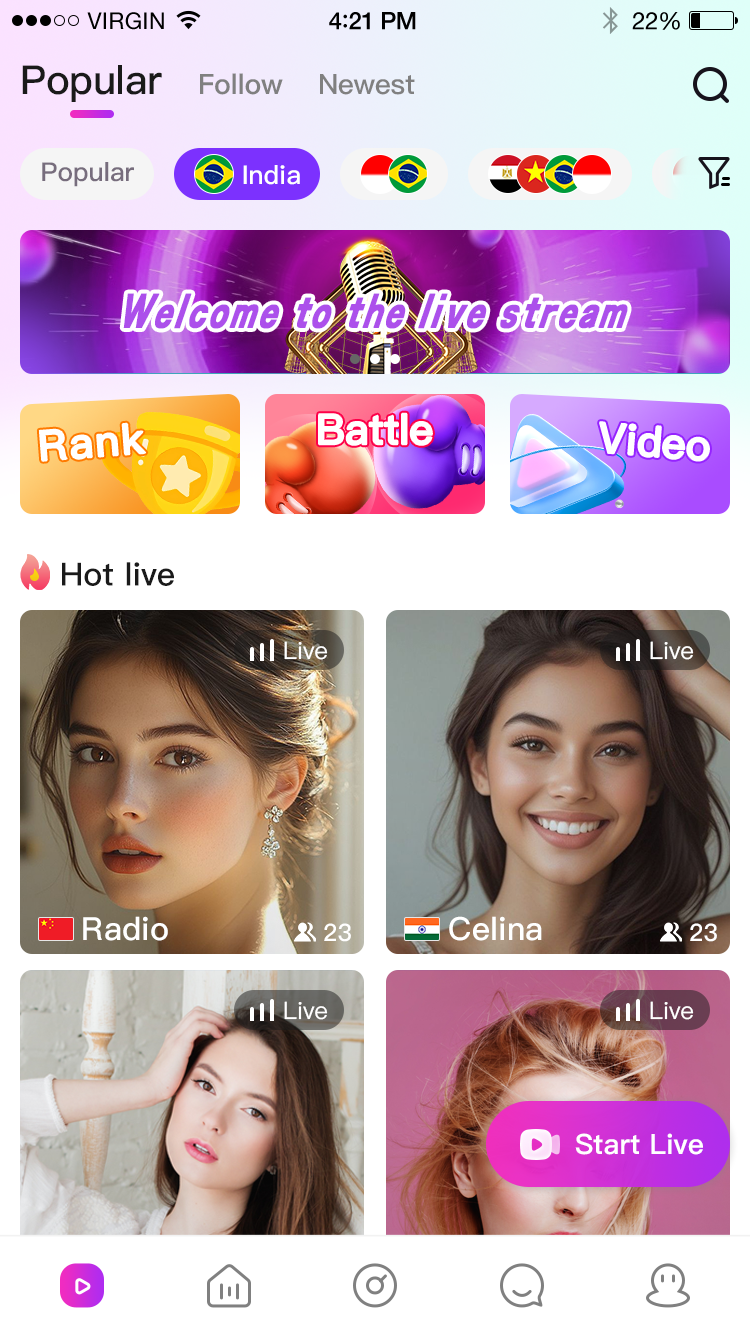 BogoLive Bigo Live clone app home screen with live streaming feed