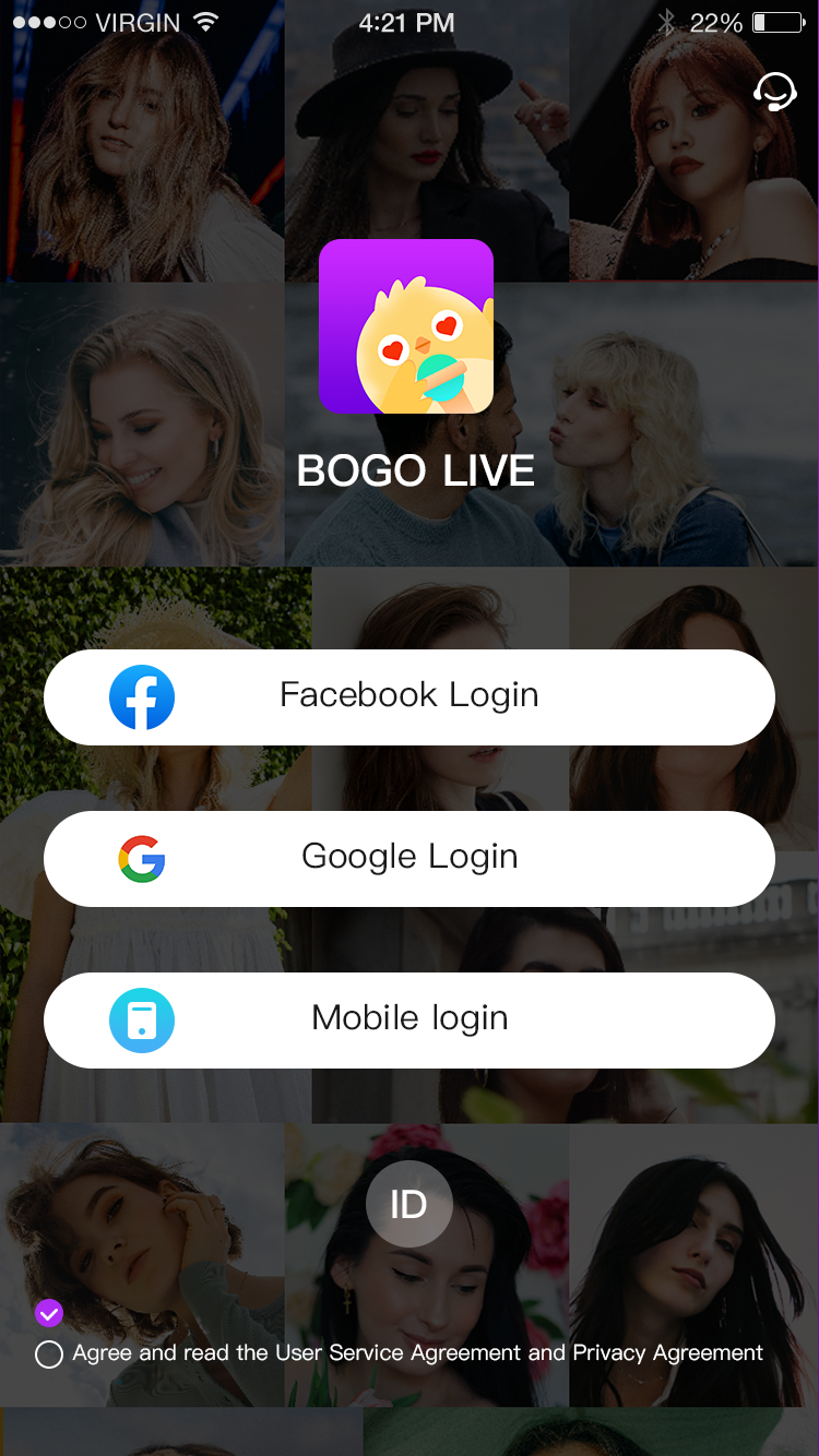 BogoLive login screen